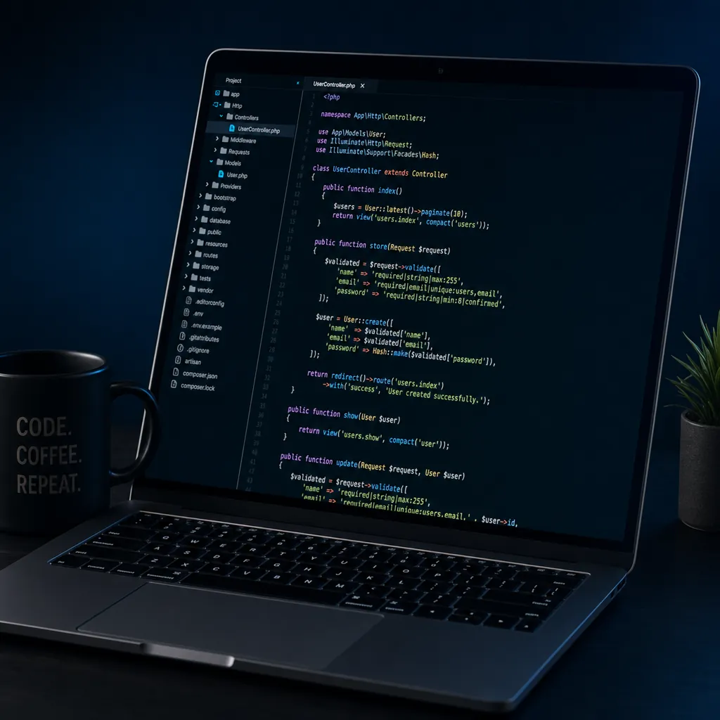 A code editor open on a laptop beside a coffee mug in a developer workspace
