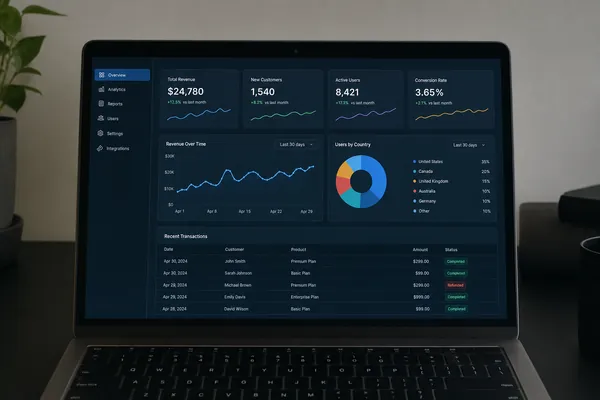 An analytics dashboard web application on a laptop
